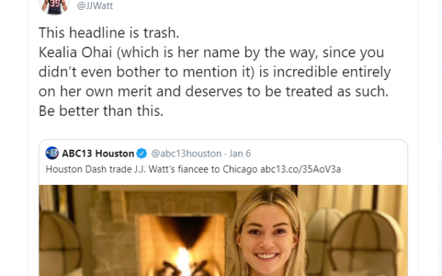 J.J. Watt slams headline that only calls Kealia Ohai his fiancée