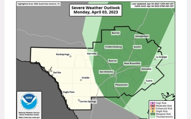 National Weather Service: Conditional threat for isolated severe storms today for Eastern Hill Country and I-35 corridor
